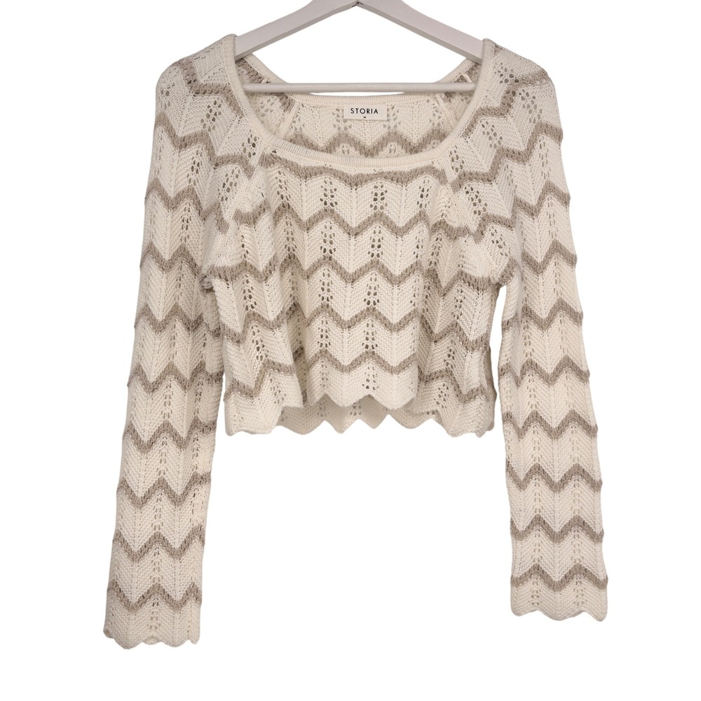 STORIA‎ Crop Sweater Women's Long Sleeve Crochet Knit Chevron Size Medium Beige